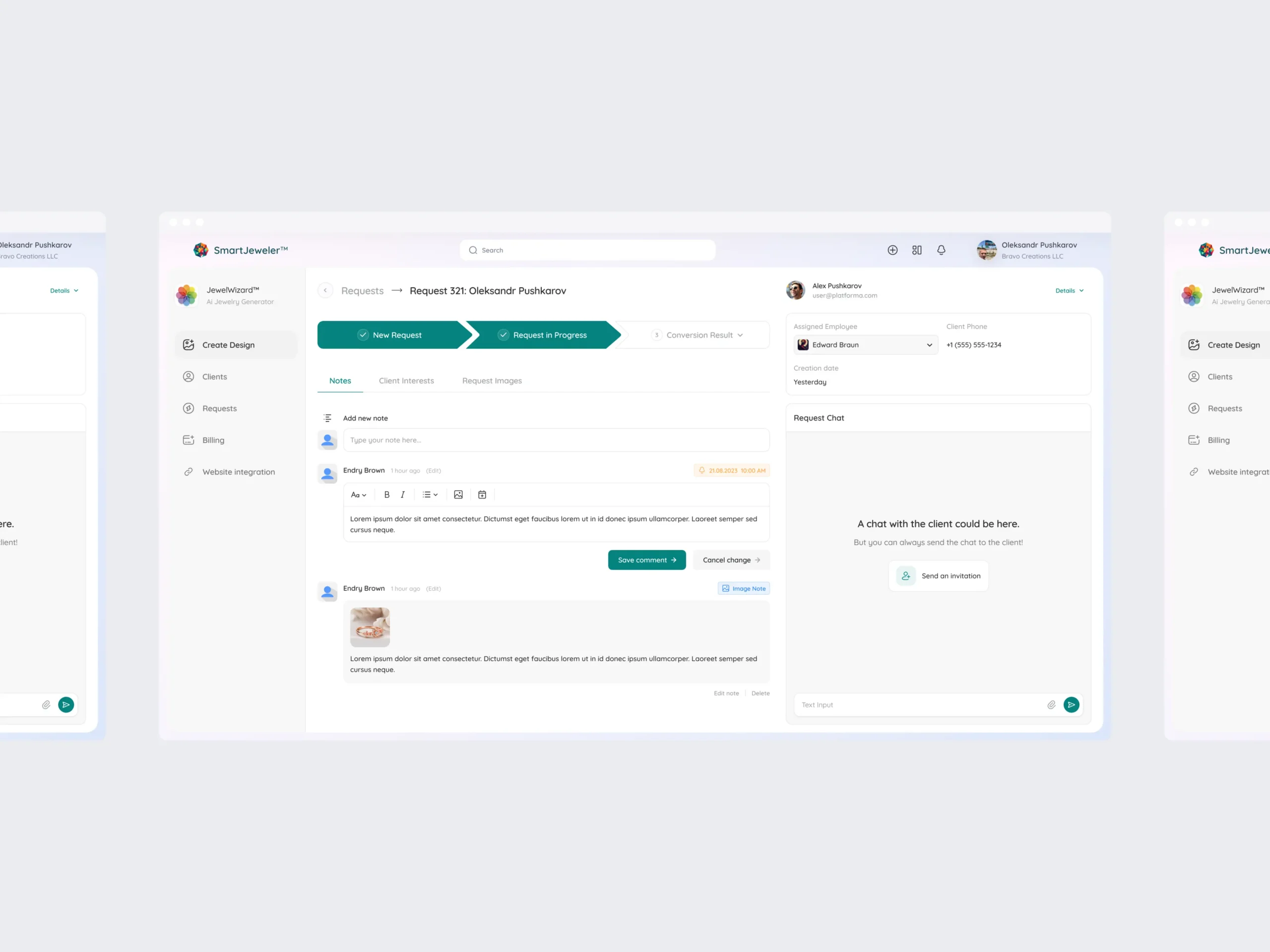 A client request screen showing pipeline status, assigned employee, notes, and a chat panel.