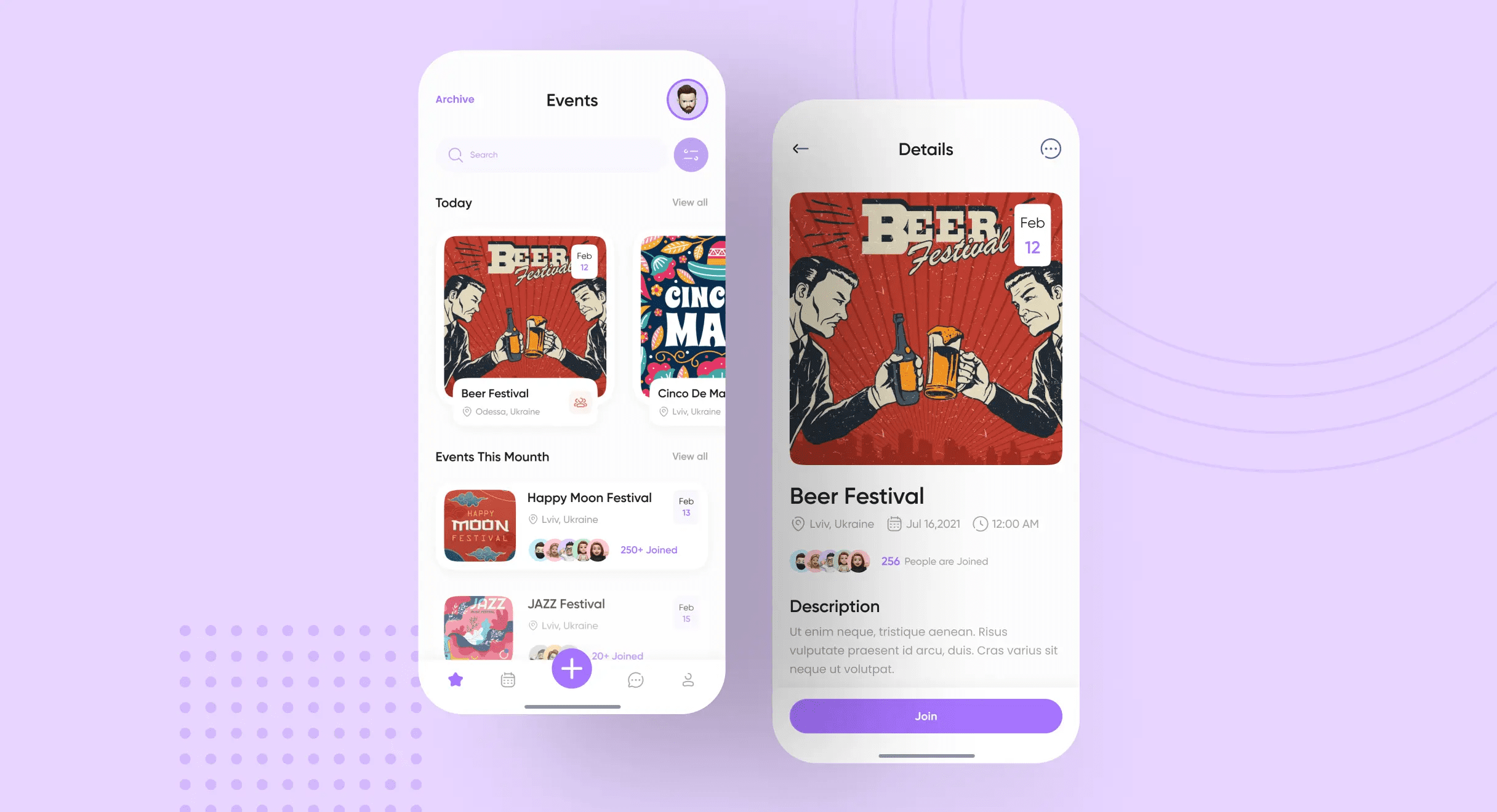 GoodTeam events feed showing a Beer Festival event card next to its details screen with location, date, joined members and a Join button