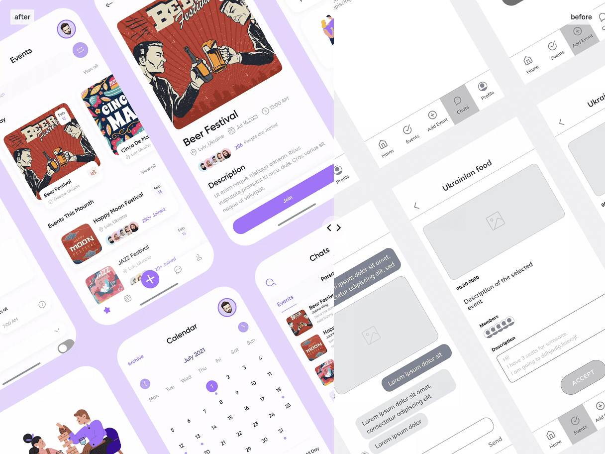 Early navigation wireframes for GoodTeam next to the shipped version, comparing a flatter tab structure to the final Home, Events, Add Event, Chats and Profile layout