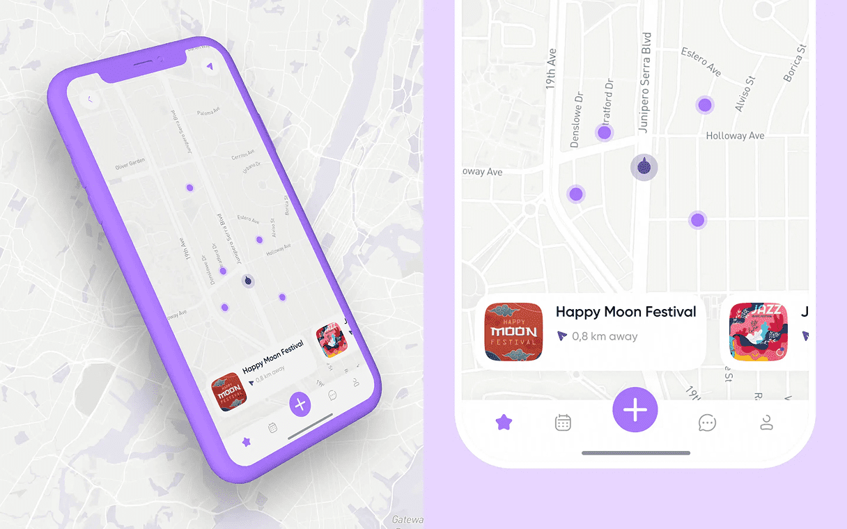 Map view in GoodTeam showing nearby events as pins on a map, with the closest event surfaced as a card at the bottom of the screen