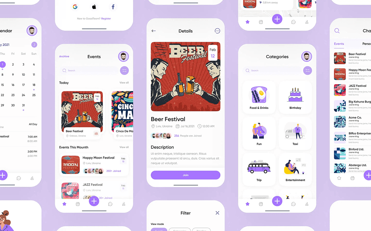 Onboarding, calendar, events list with today's and this month's events, event details with a Join button, and a category browser with Filter option, all from GoodTeam