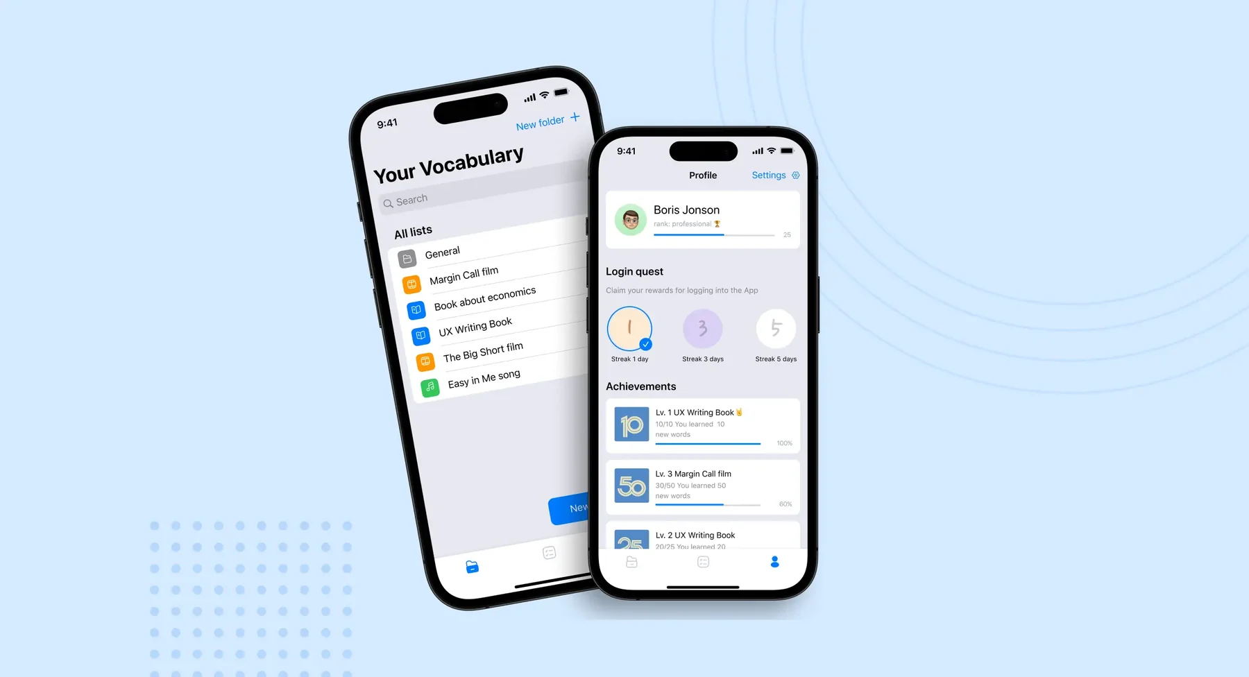 VocabularBuilder home screen showing folders of word lists next to a profile screen with rank and streak progress