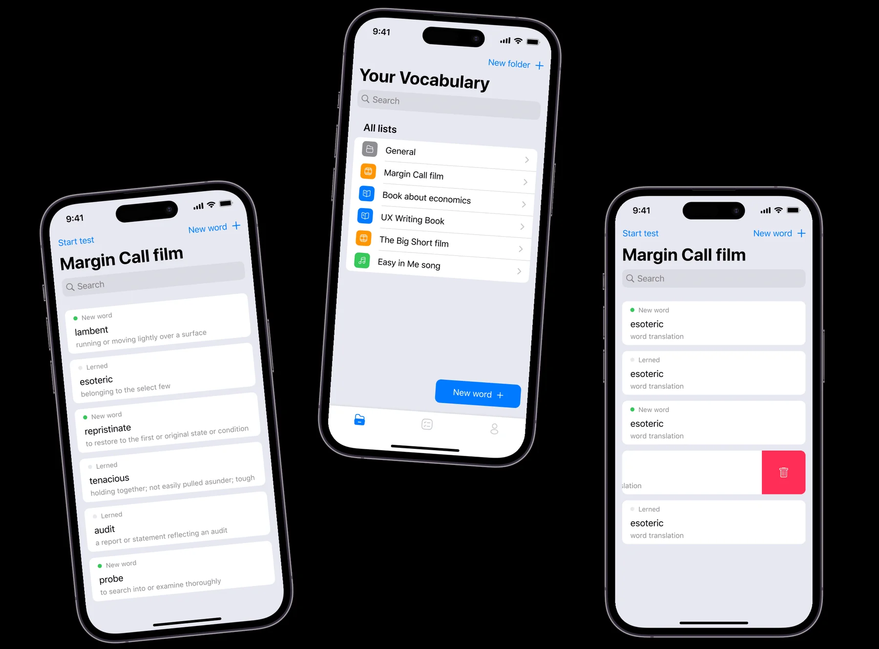Home screen with folders named after their source material, a word list inside the Margin Call film folder, and a swipe-to-delete row