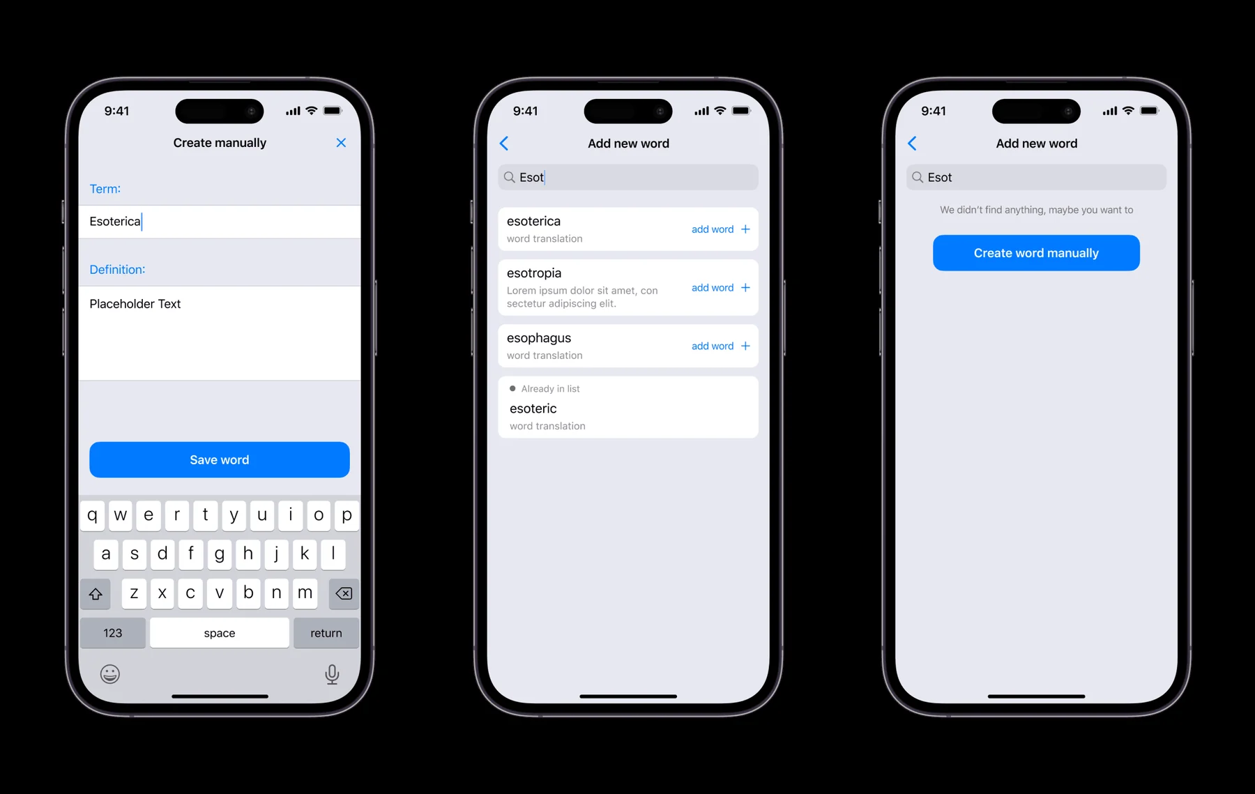Manual word creation form, AI-assisted search results for a partial word, and an empty search state offering manual creation