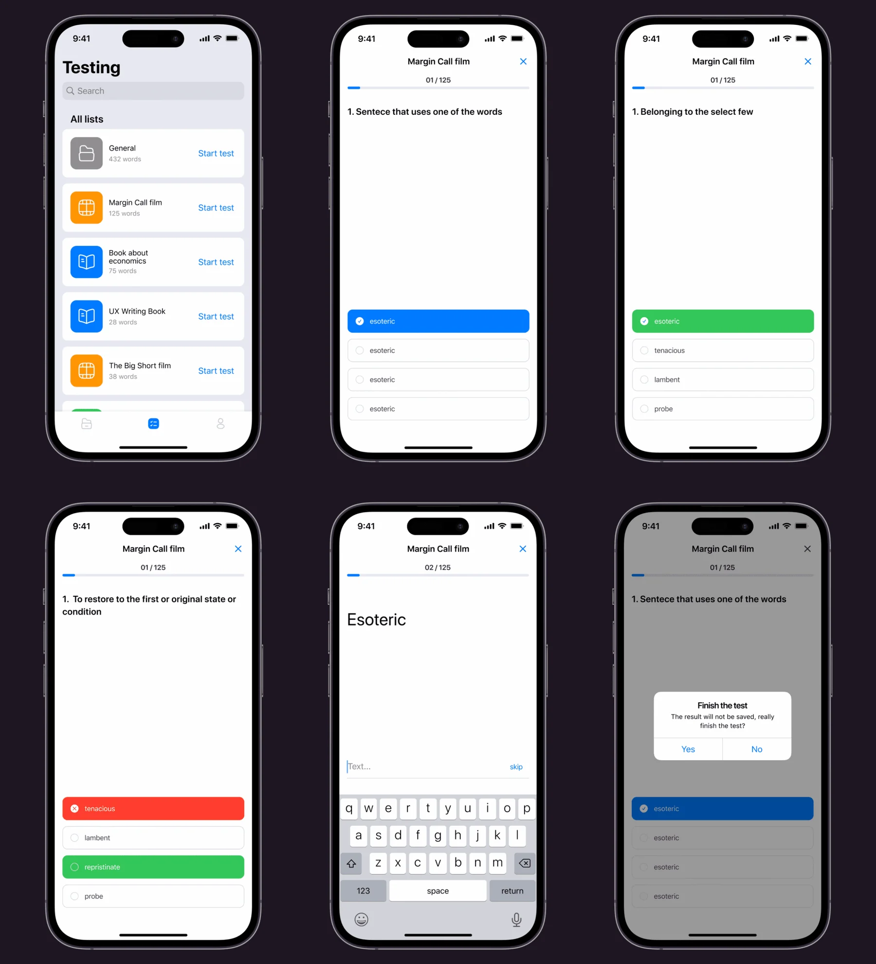 Testing screens: folder list with start-test actions, a multiple-choice sentence question, a multiple-choice definition question, a free-text spelling question, and an exit confirmation warning the result will not be saved