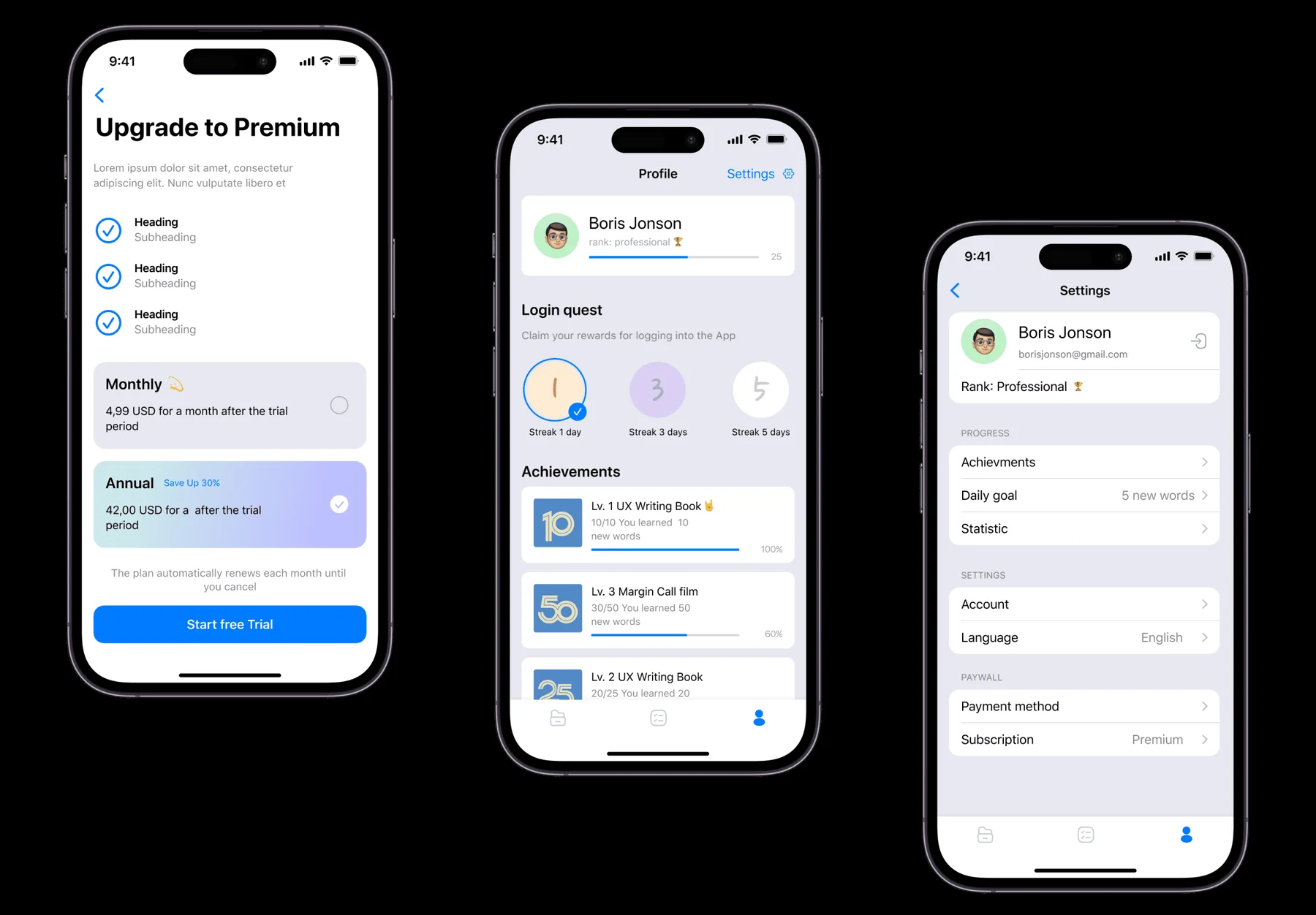 Premium upgrade screen with monthly and annual pricing, profile screen with login streak and achievement progress bars, and settings screen with daily goal and subscription options