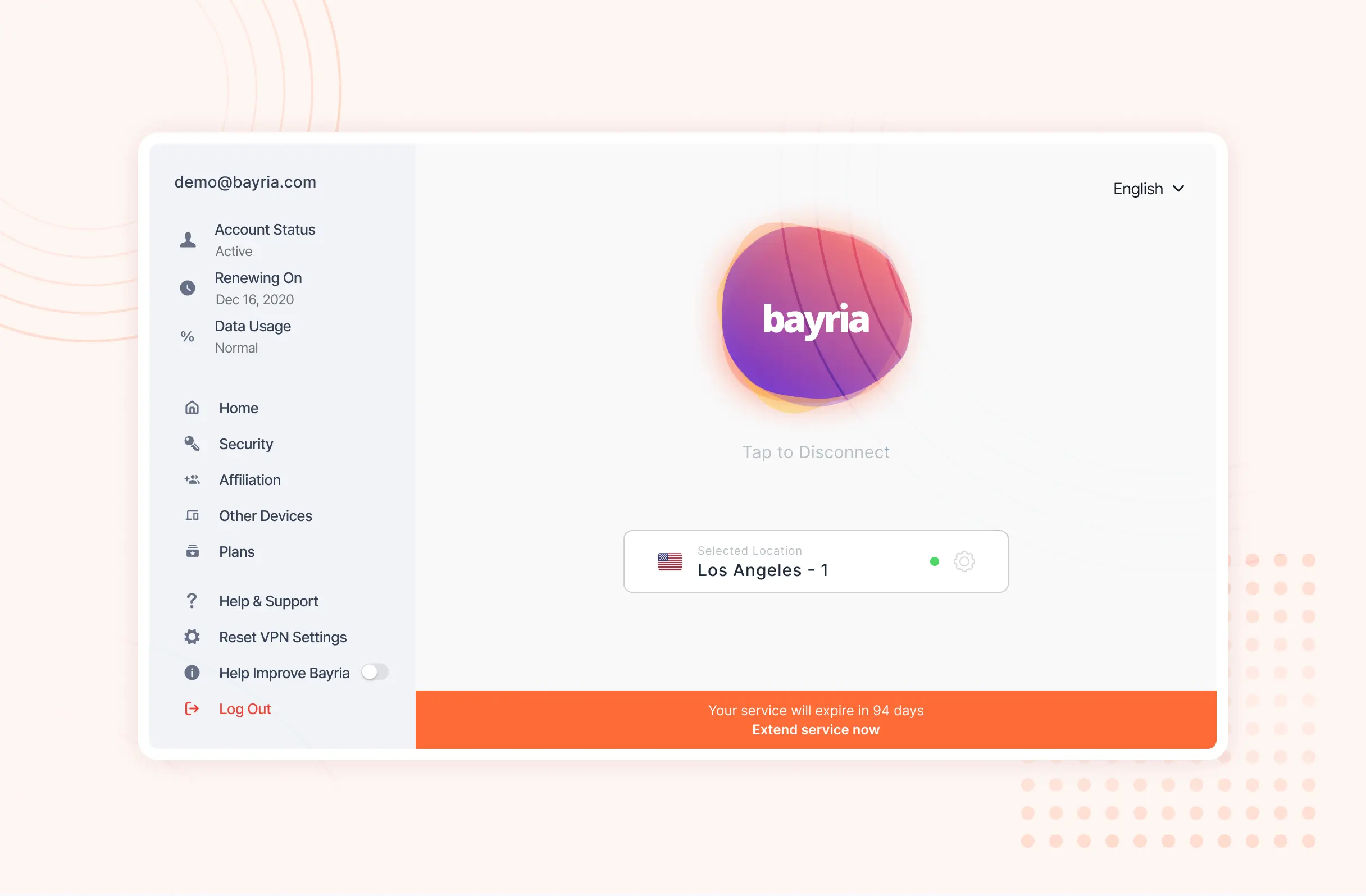 Bayria VPN main app screen with a large tap-to-disconnect control, the active server Los Angeles - 1 shown with a green status dot, and a banner about the service renewal date