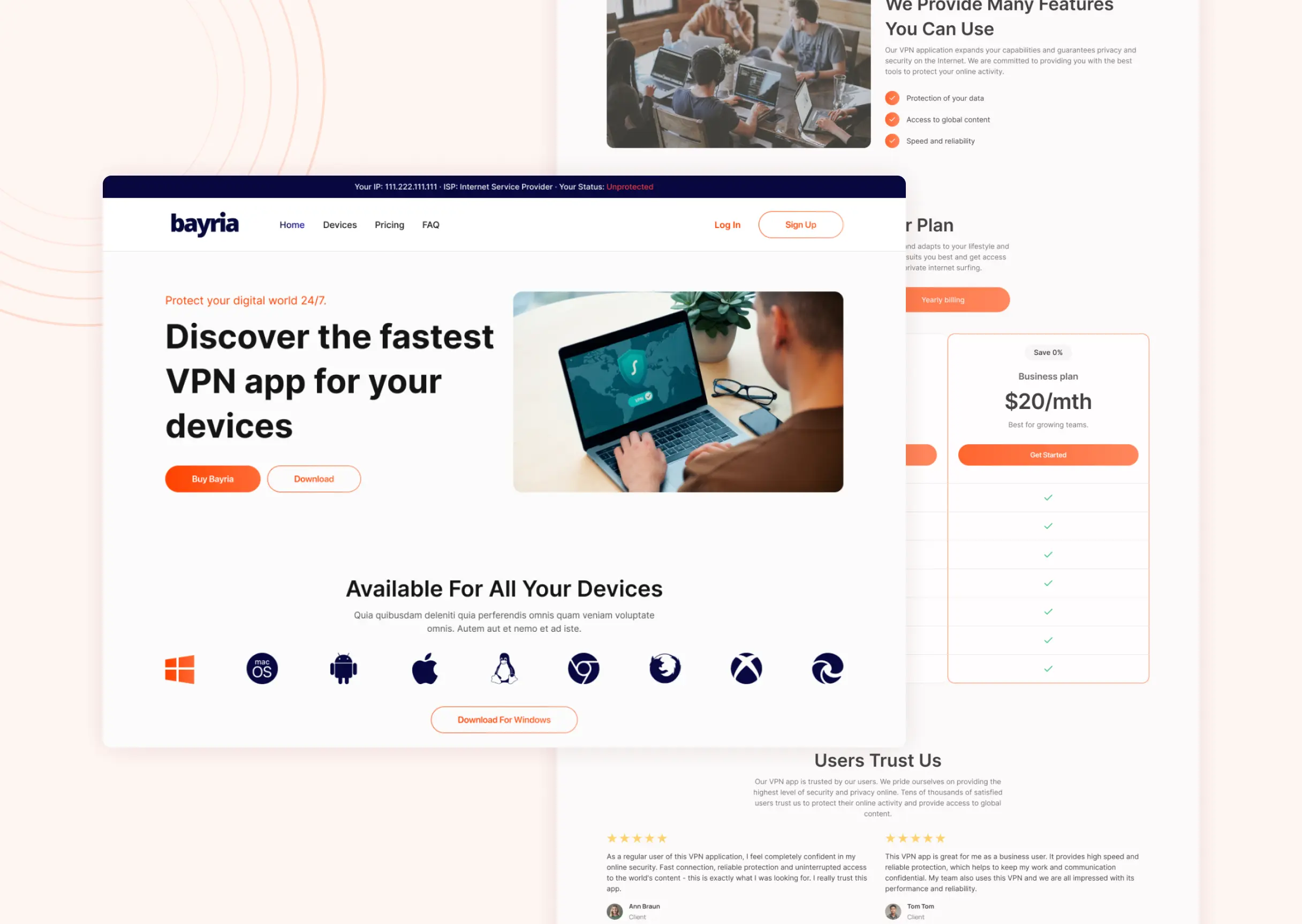 Bayria marketing website homepage with hero headline, a row of supported device icons, a feature checklist and a pricing tier