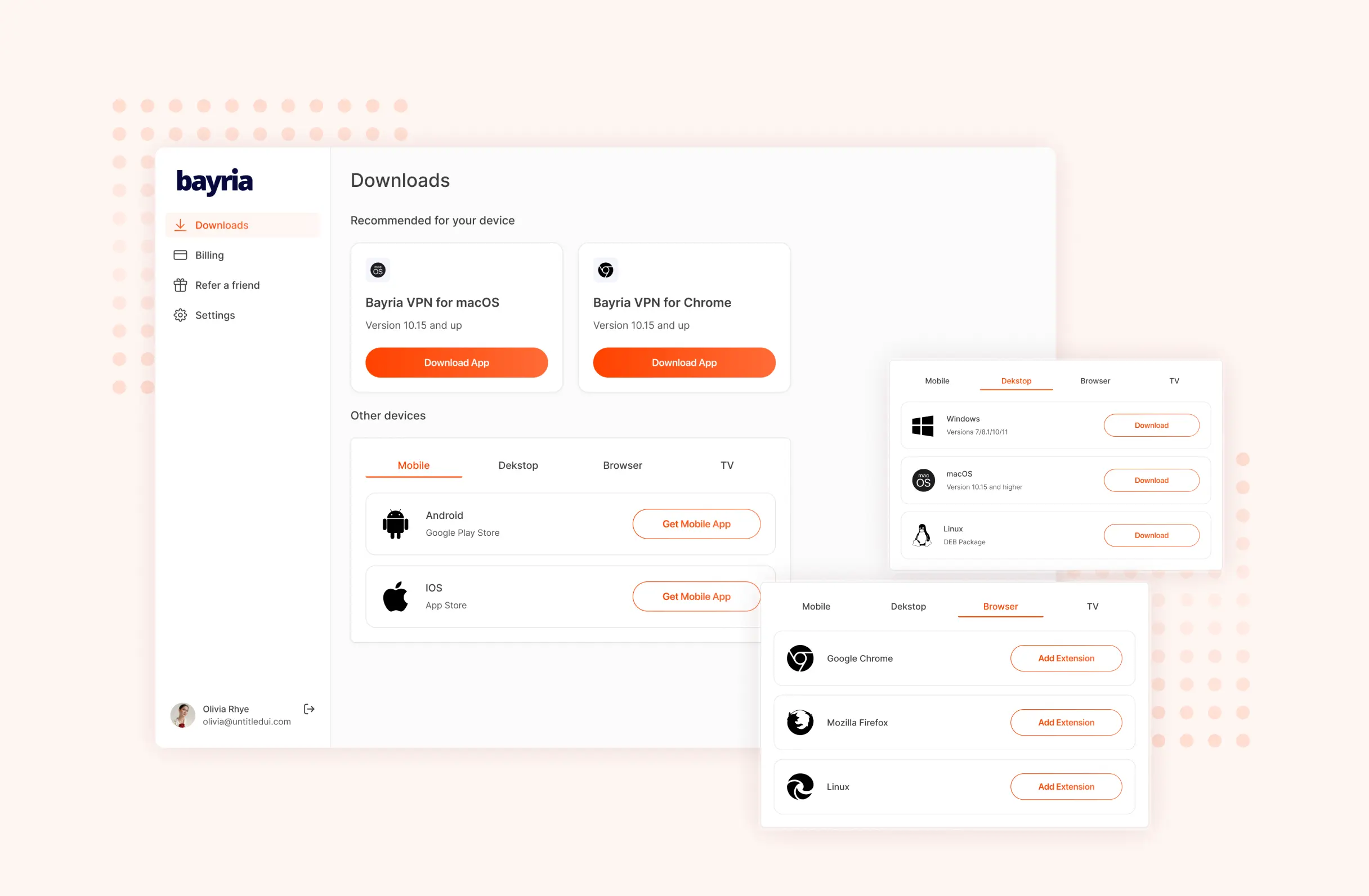 In-app Downloads screen listing the recommended client for the current device plus tabs for Mobile, Desktop, Browser and TV platforms