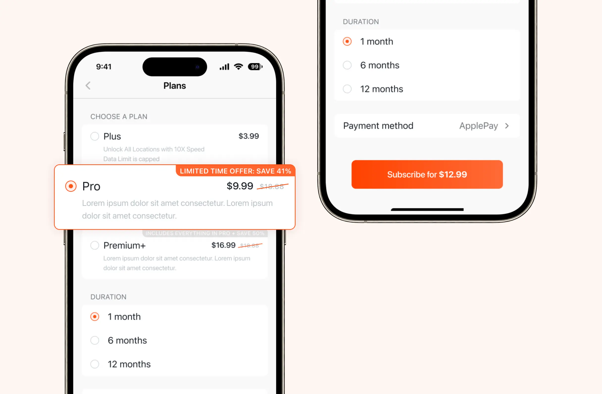 iOS plan selection screen with Plus, Pro and Premium+ tiers, a 1, 6 or 12 month duration toggle, Apple Pay as payment method, and a subscribe button