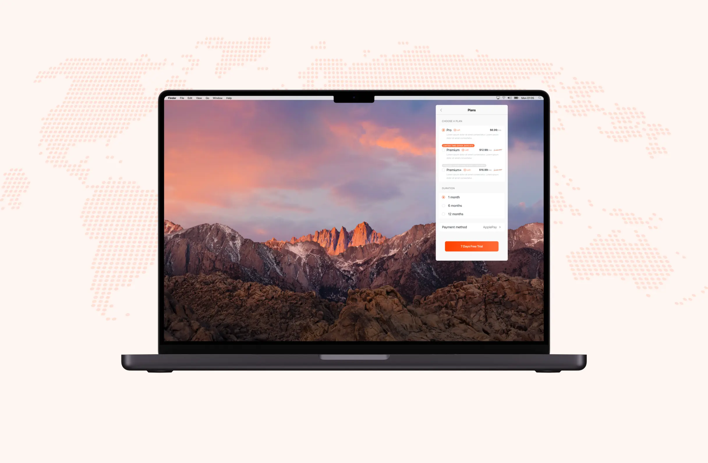 macOS Bayria panel showing the same Plans screen as a floating panel over the desktop, ending in a 7 day free trial button instead of an immediate charge